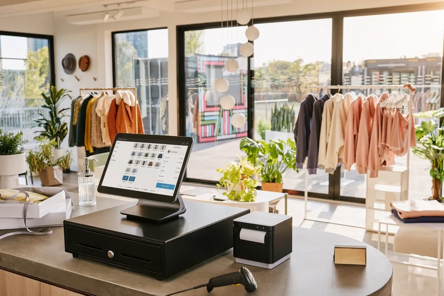 服装精品店收银台与服装陈列